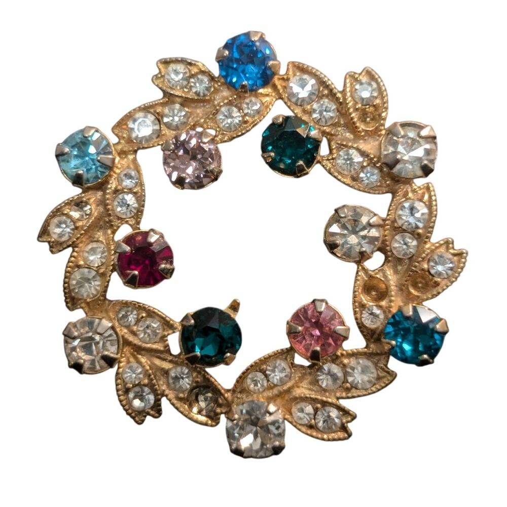 Eisenberg VTG Signed Multi Colored Rhinestone Wreath Brooch Pin Gold Tone